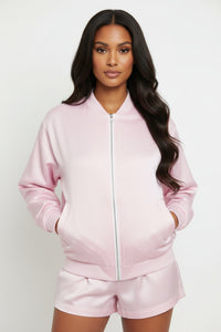 LEM Presence Pink Lace Bomber Jacket - Modestly Vogue 