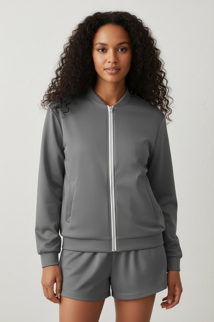 LEM Presence Grey Bomber Jacket - Modestly Vogue 