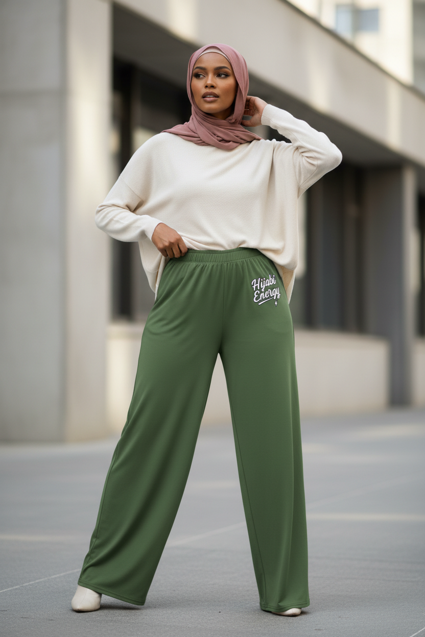 Olive Hijabi Energy  wide-leg pants - Modestly Vogue 