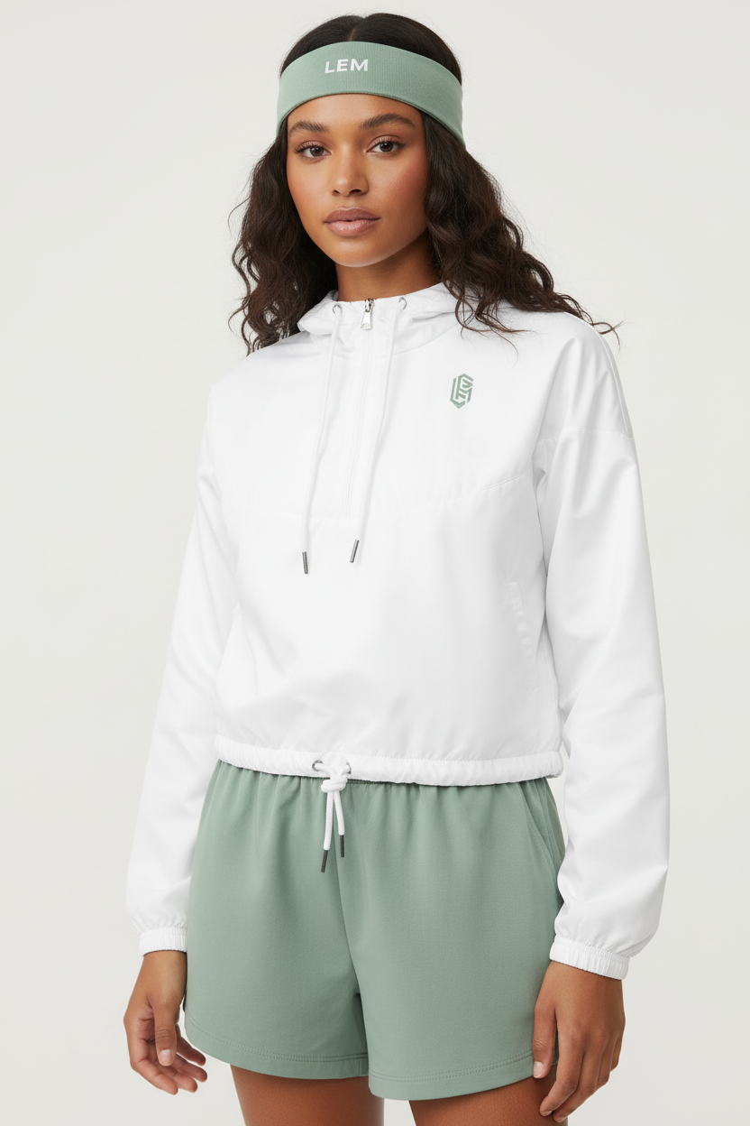 LEM Essential White cropped windbreaker | Sage Logo - Modestly Vogue 