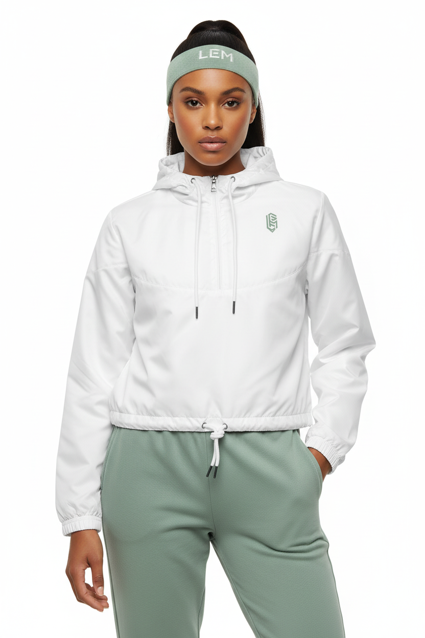 LEM Essential White cropped windbreaker | Sage Logo - Modestly Vogue 