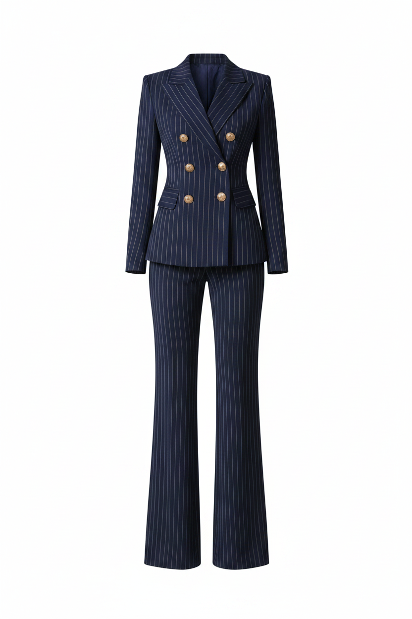 Striped Double-Breasted Blazer & Wide Leg Pants Set