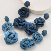 Denim Fabric Flower Earrings | Multi-Layer Long Design - Modestly Vogue 