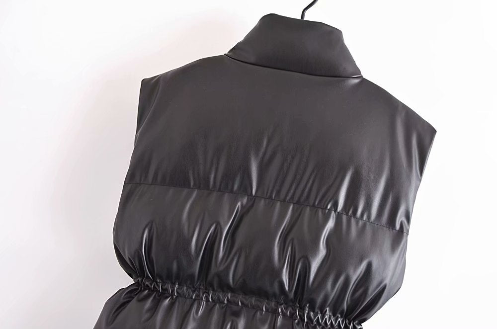 Drawstring Waist Faux Leather Vest Cotton Jacket - Modestly Vogue 
