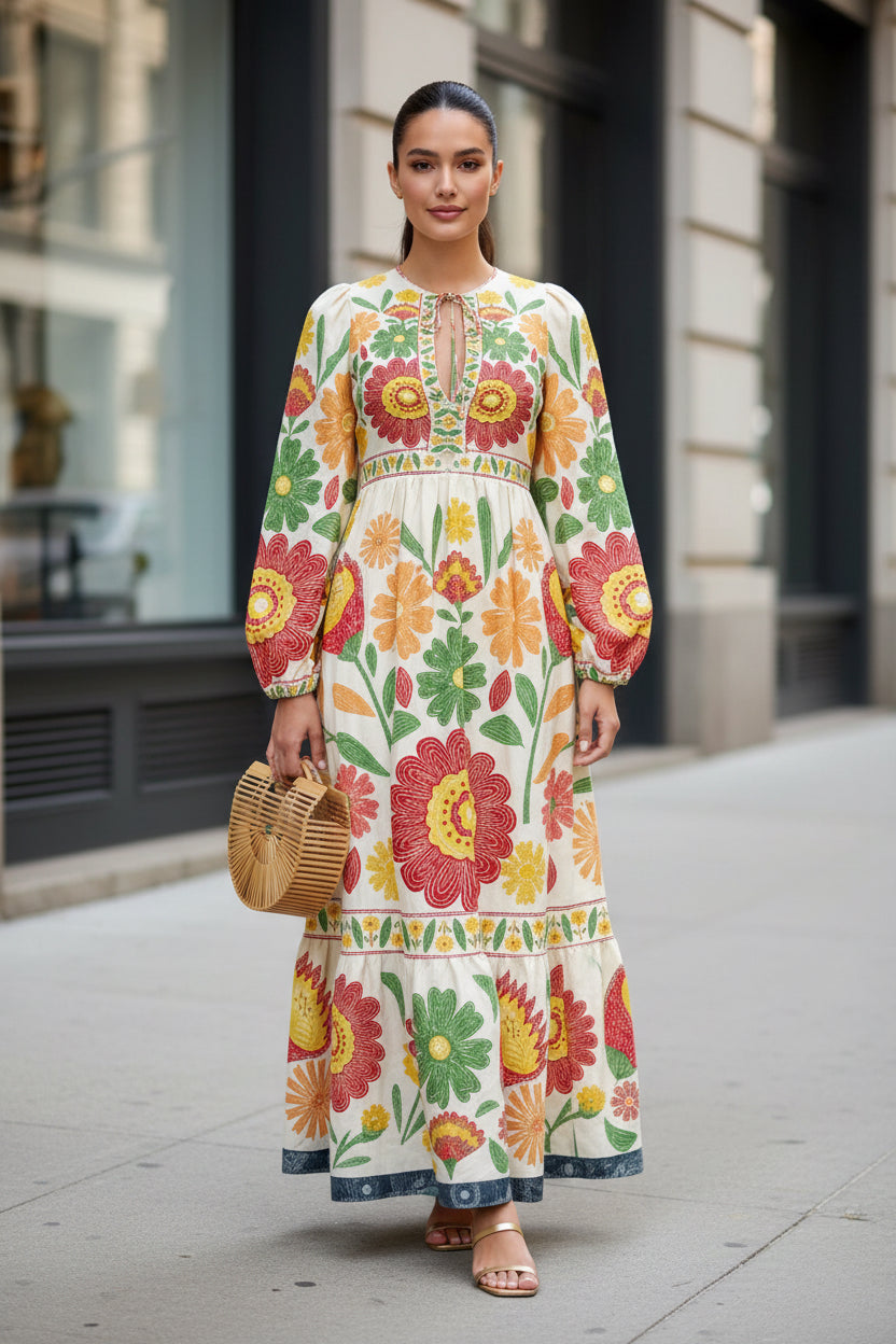 Printed Flared Skirt Long Sleeve Lace Up Casual Dress - Modestly Vogue 