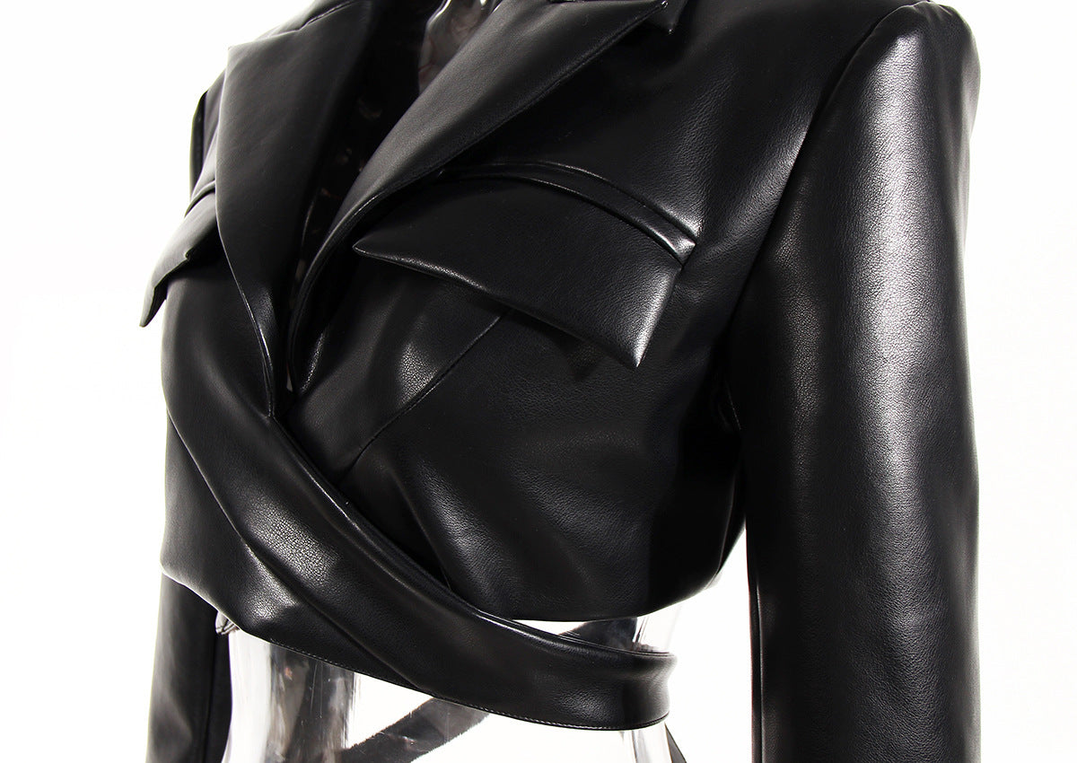 Cross Lace-up Cropped Long Sleeve PU Leather Short Coat Jacket