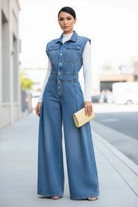 Sleeveless Wide-Leg Denim Jumpsuit with Button-Front