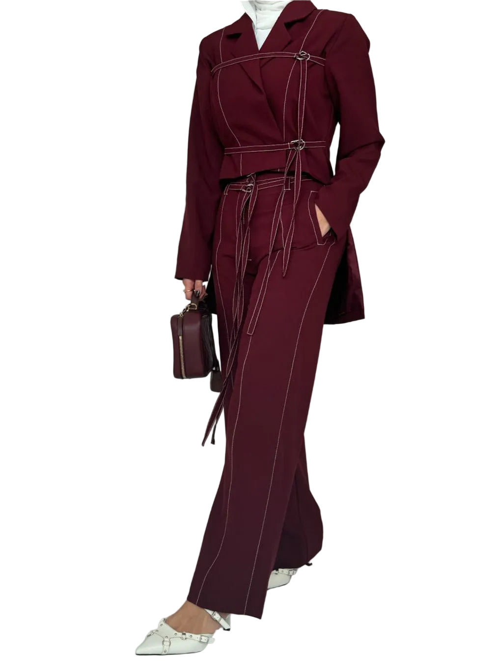 Chic Burgundy Two-Piece Set | Women's Notched Collar Long Style - Modestly Vogue 