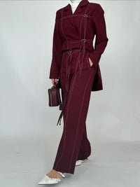 Chic Burgundy Two-Piece Set | Women's Notched Collar Long Style - Modestly Vogue 