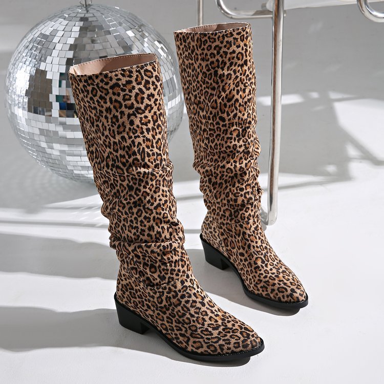 Fashion Square Toe Chunky Heel High Heel Leopard Print Boots - Modestly Vogue 