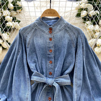 Retro Lace-up Waist-controlled Stand-up Collar Puff Sleeve Denim Top - Modestly Vogue 