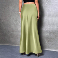 Women's Elegant Satin High Waist Flared Midi Skirt Cocktail Party Wedding Long Skirt - Modestly Vogue 