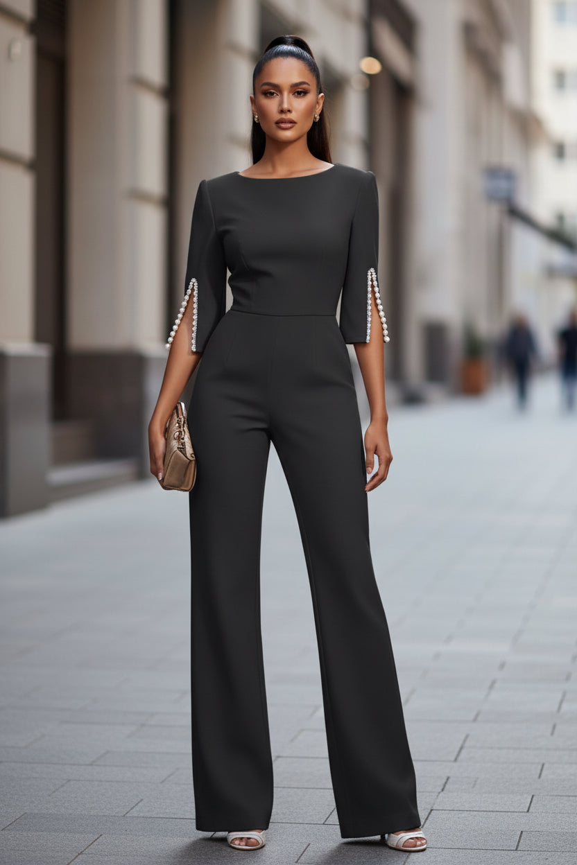 Women's Elegant Round Neck Jumpsuit - Mid-Sleeve With Side Slit Cuffs & Pearl Accents, Back Zipper Design For Casual To Formal Events - Modestly Vogue 