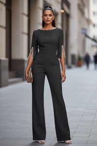 Women's Elegant Round Neck Jumpsuit - Mid-Sleeve With Side Slit Cuffs & Pearl Accents, Back Zipper Design For Casual To Formal Events - Modestly Vogue 