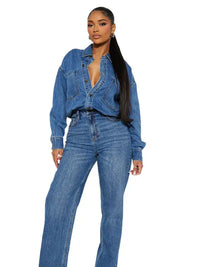 Women Fashion Denim Long Sleeves Jumpsuit