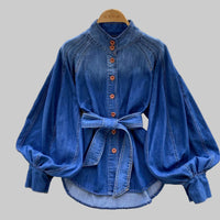 Retro Lace-up Waist-controlled Stand-up Collar Puff Sleeve Denim Top - Modestly Vogue 