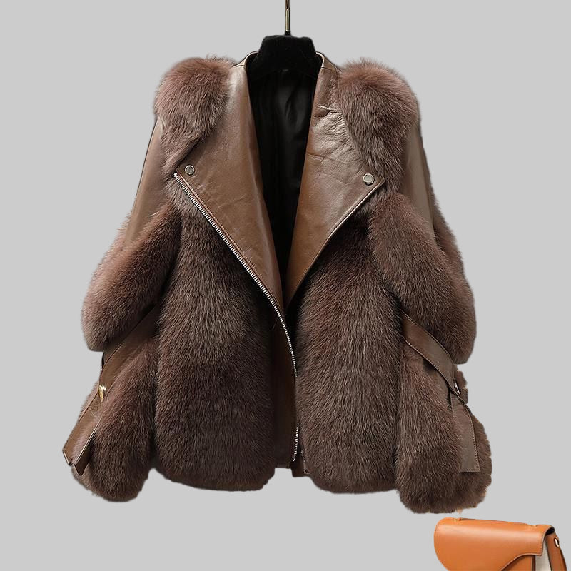 Edgy Fur Motorcycle Coat | Long Wool One-Piece Winter Coat - Modestly Vogue 