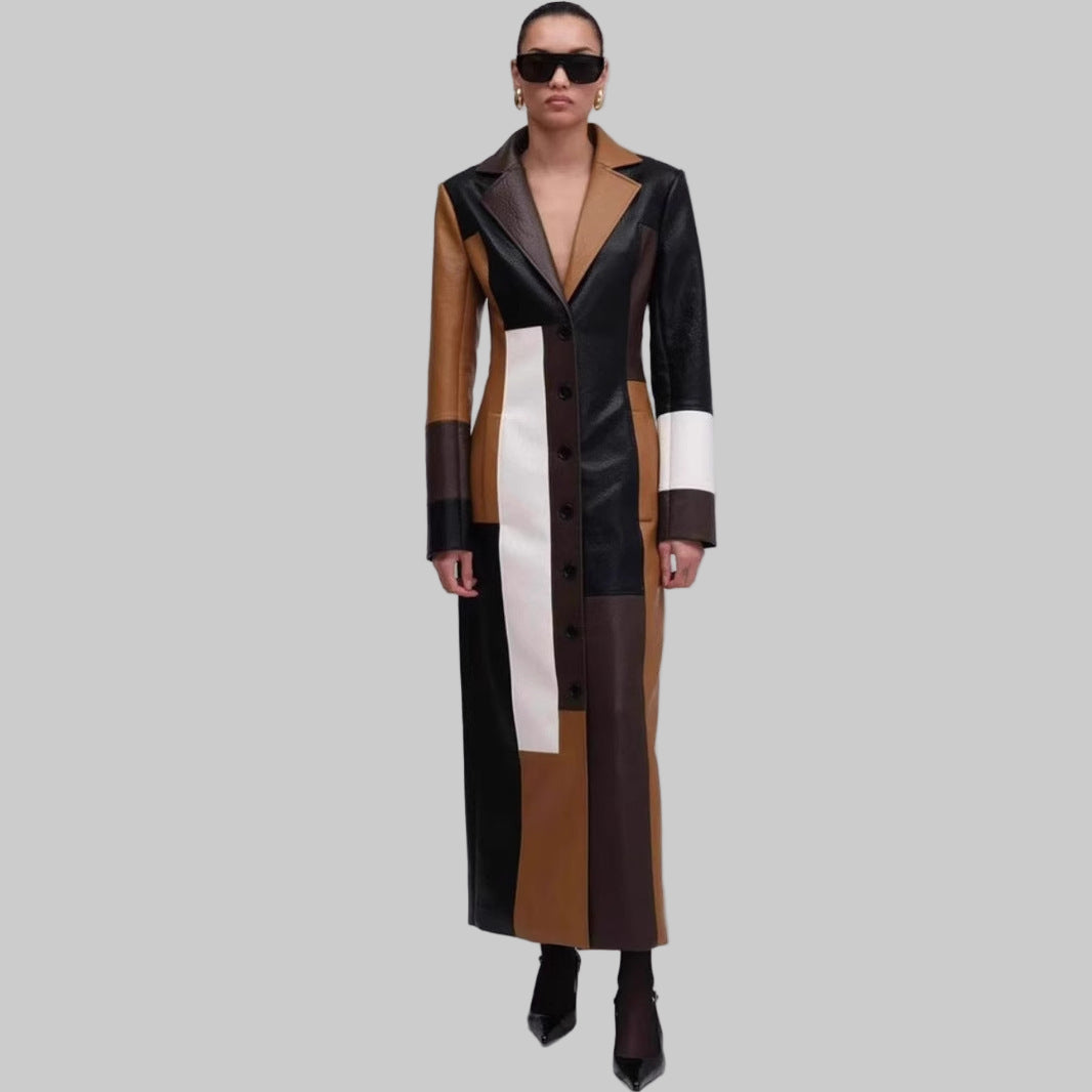 New Patchwork Retro Fashion Autumn And Winter V-neck Women's Leather Dress