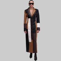 New Patchwork Retro Fashion Autumn And Winter V-neck Women's Leather Dress