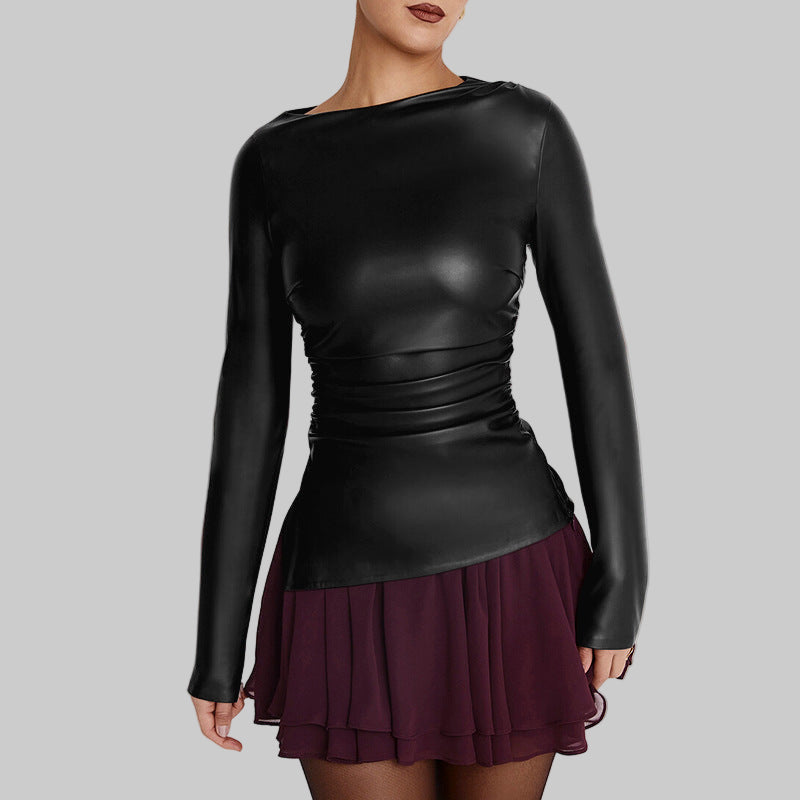 Women's Pleated Long-sleeved Leather Top