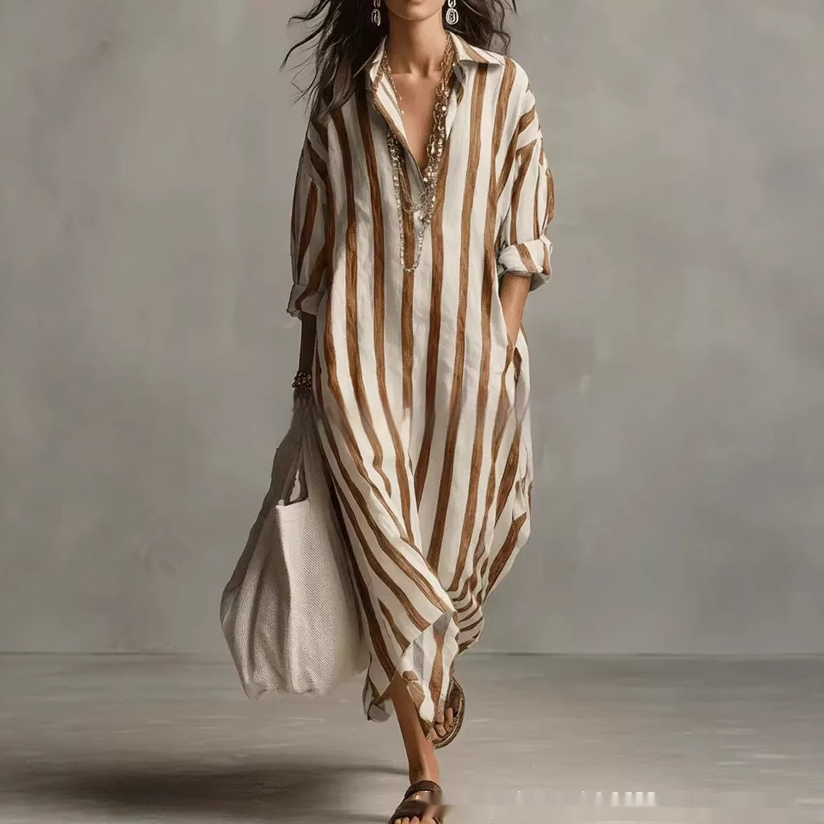 Striped Lapel-collar Dress With Side Slits And Pockets - Modestly Vogue 