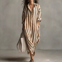 Striped Lapel-collar Dress With Side Slits And Pockets - Modestly Vogue 
