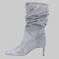 Pointed Toe Stiletto High Heel Snake Print Pleated Mid-top Boots