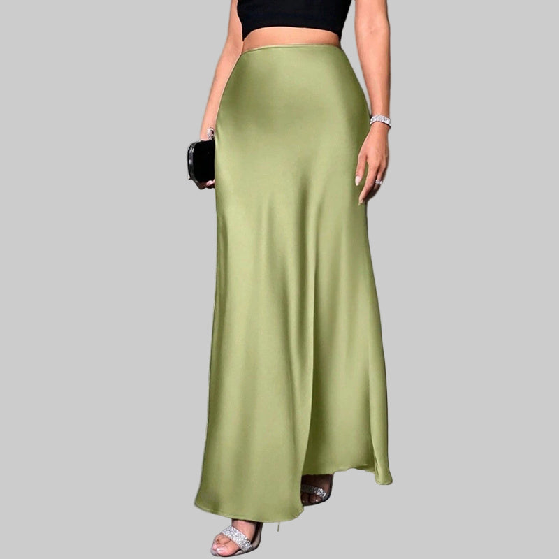 Women's Elegant Satin High Waist Flared Midi Skirt Cocktail Party Wedding Long Skirt - Modestly Vogue 