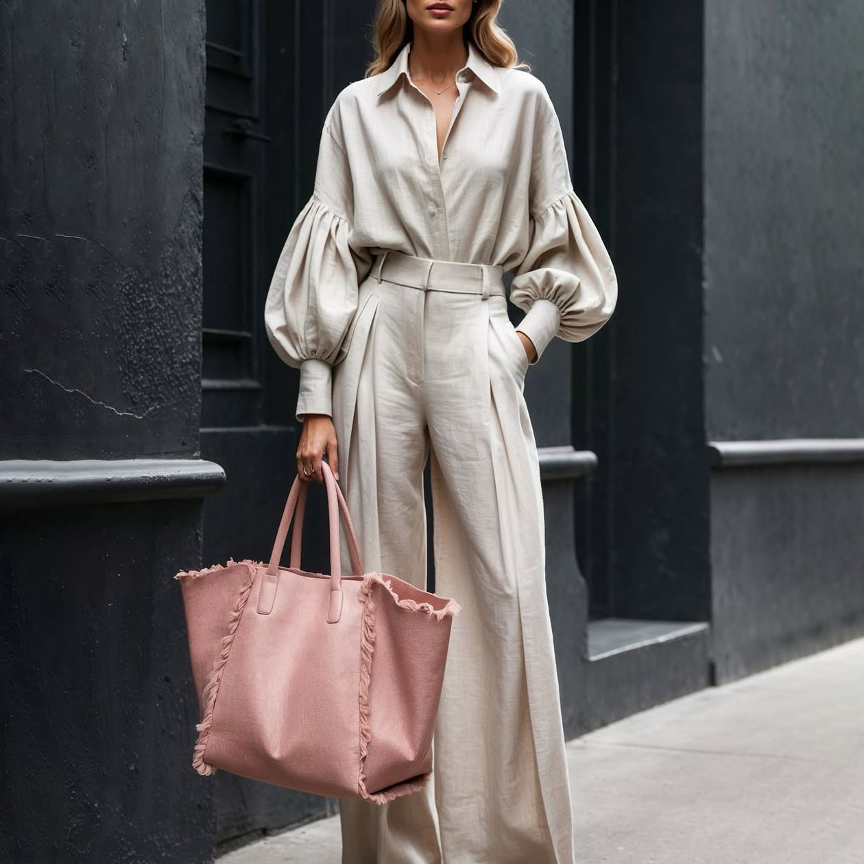 Autumn Solid Color Long Sleeved Shirt Wide Leg Pants Cotton Linen Two Piece Sets - Modestly Vogue 