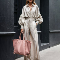 Autumn Solid Color Long Sleeved Shirt Wide Leg Pants Cotton Linen Two Piece Sets - Modestly Vogue 