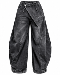 Washed Distressed Pocket Wide Loose Jeans Women
