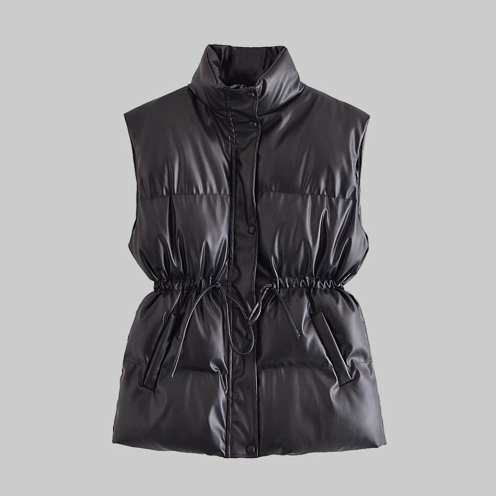 Drawstring Waist Faux Leather Vest Cotton Jacket - Modestly Vogue 