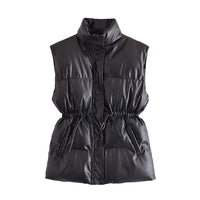 Drawstring Waist Faux Leather Vest Cotton Jacket - Modestly Vogue 