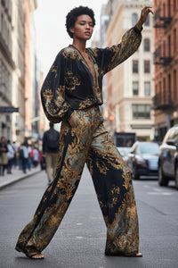 Womens Early Spring Resort-Style V-Neck Korean Fleece Print Set For Women - Modestly Vogue 