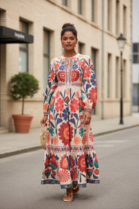 Printed Flared Skirt Long Sleeve Lace Up Casual Dress - Modestly Vogue 