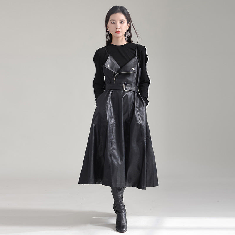 Retro Waist-controlled Slimming PU Leather High Waist Dress