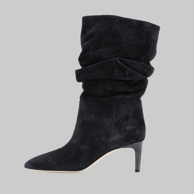 Pointed Toe Stiletto High Heel Snake Print Pleated Mid-top Boots