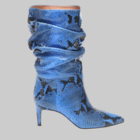 Pointed Toe Stiletto High Heel Snake Print Pleated Mid-top Boots