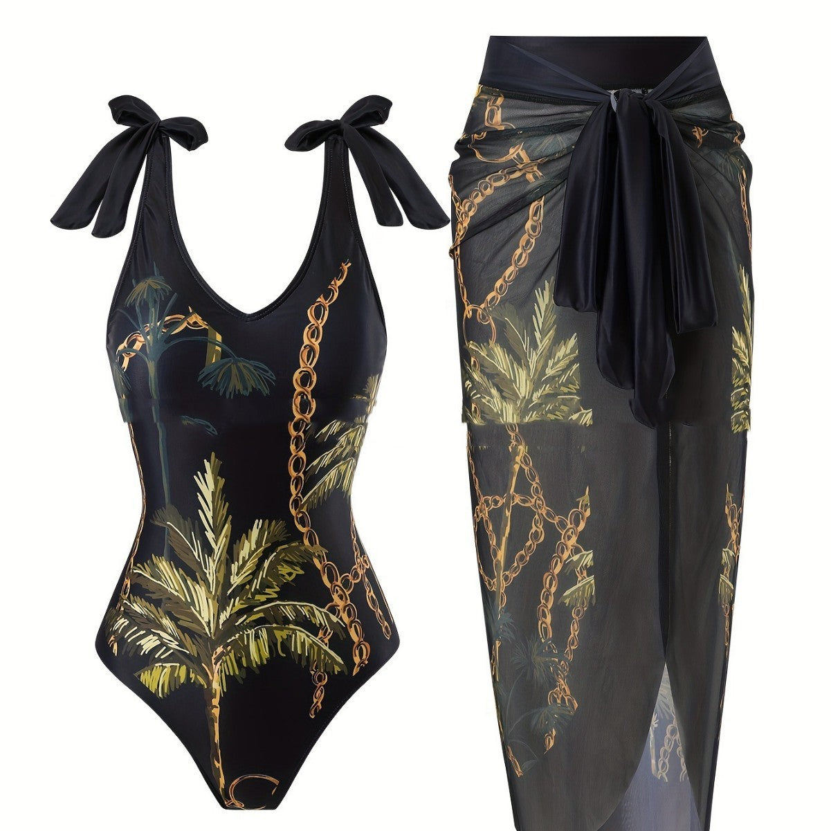 Black Coconut Tree Chain Print Sleeveless - Modestly Vogue 