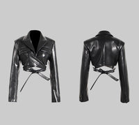 Cross Lace-up Cropped Long Sleeve PU Leather Short Coat Jacket
