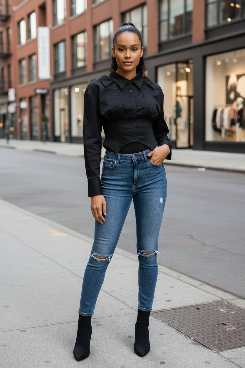 Black Shirt for Women Niche Design Waist Trimming Shirt - Modestly Vogue 