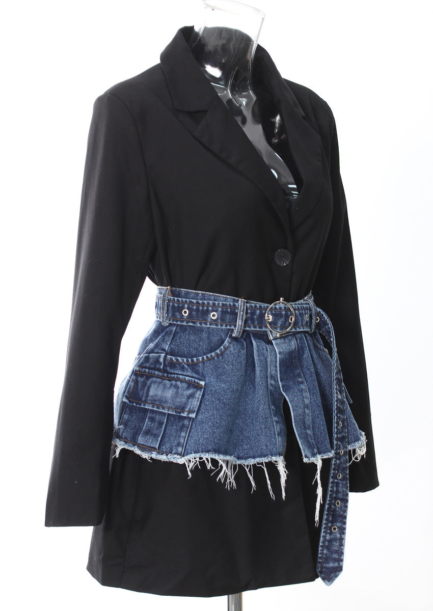 Spring Two Piece Set Denim Waist Seal Waist Slimming Multi Match Two Piece Set Women Blazer
