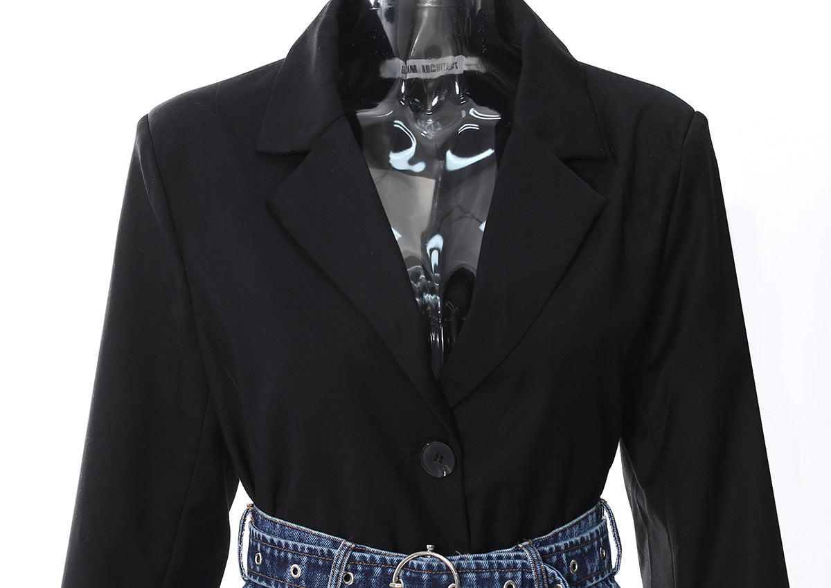 Spring Two Piece Set Denim Waist Seal Waist Slimming Multi Match Two Piece Set Women Blazer