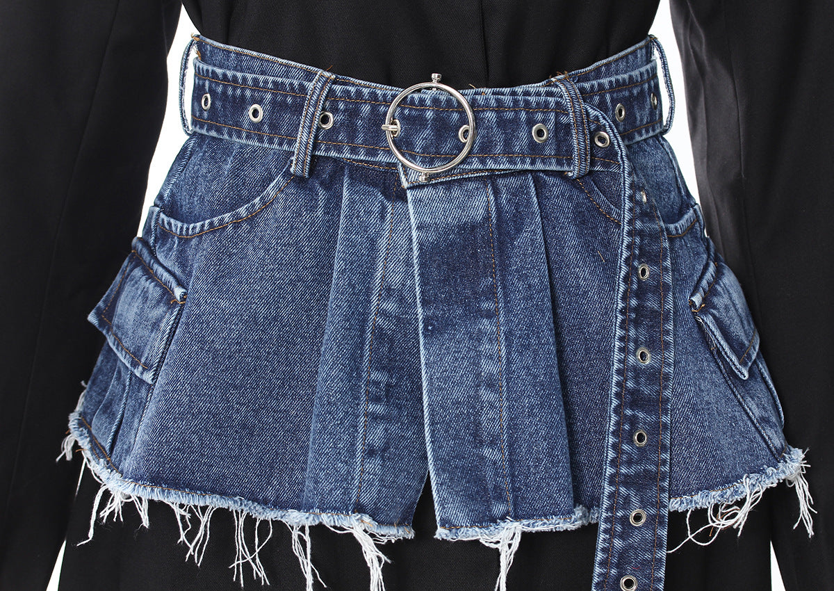 Spring Two Piece Set Denim Waist Seal Waist Slimming Multi Match Two Piece Set Women Blazer