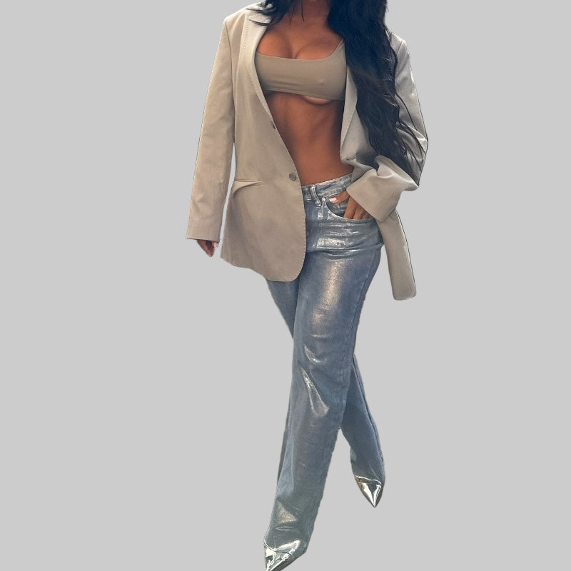 Women’s Hot Silver Baggy Jeans – Vintage Metallic Denim Pants