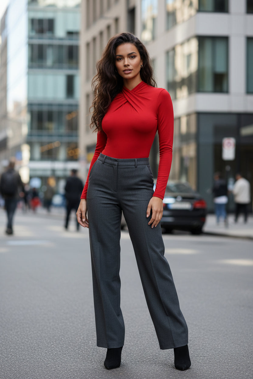 Women's Fashion Cross Pleated Neckline Slim-fit Long-sleeved Stitching Solid Color Jumpsuit - Modestly Vogue 