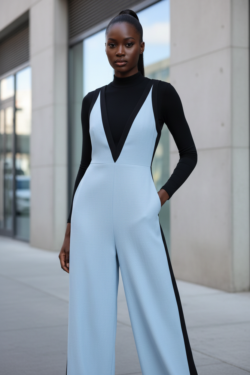 V-Neck Wide-Leg Jumpsuit with Contrast Trim