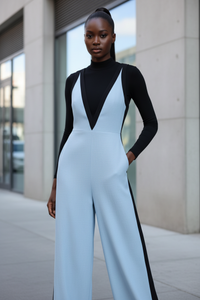 V-Neck Wide-Leg Jumpsuit with Contrast Trim