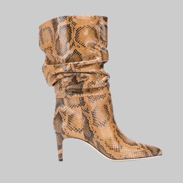Pointed Toe Stiletto High Heel Snake Print Pleated Mid-top Boots