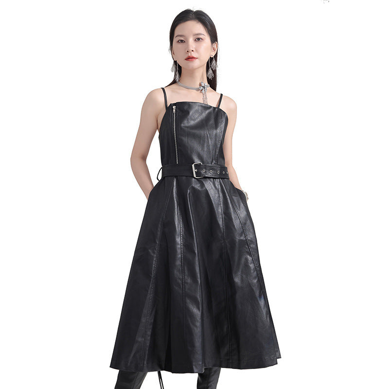 Retro Waist-controlled Slimming PU Leather High Waist Dress
